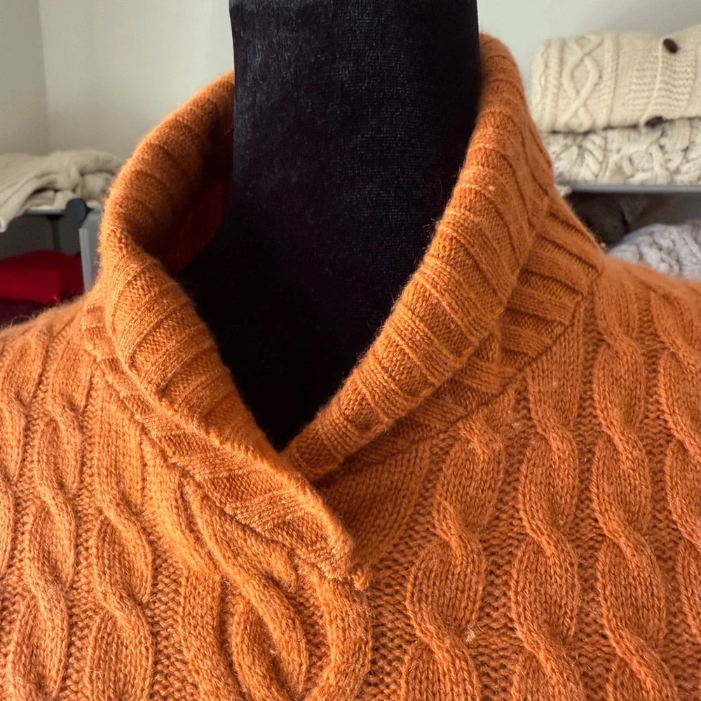 Cashmere Cable Knit Orange Sweater, Shawl Collar. Measures Small-Medium_9
